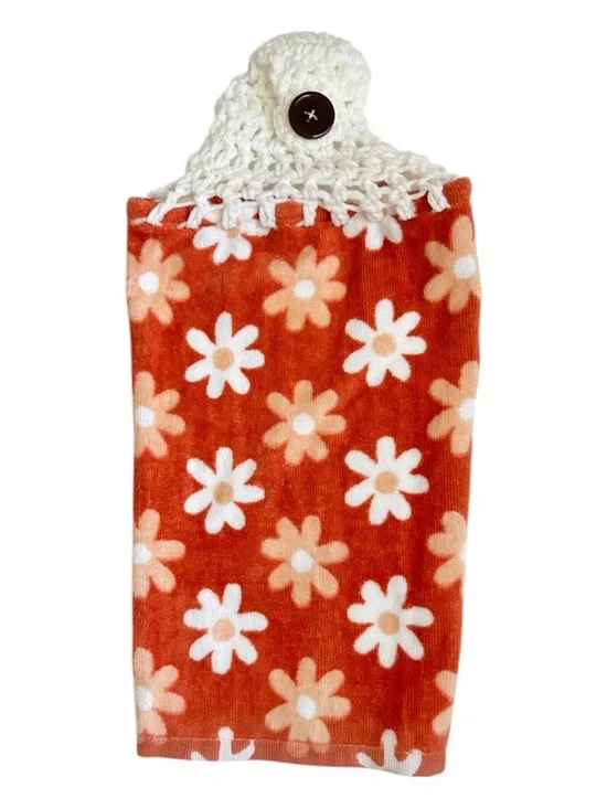 HAND CRAFTED Crocheted Top Colorful Floral Hanging Kitchen or Bathroom Towel - Picture 4 of 8